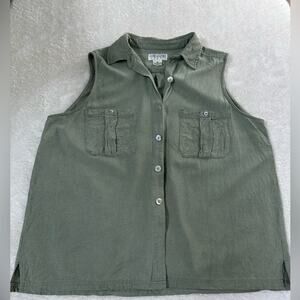 Vintage raw silk button down sleeveless top light green XL